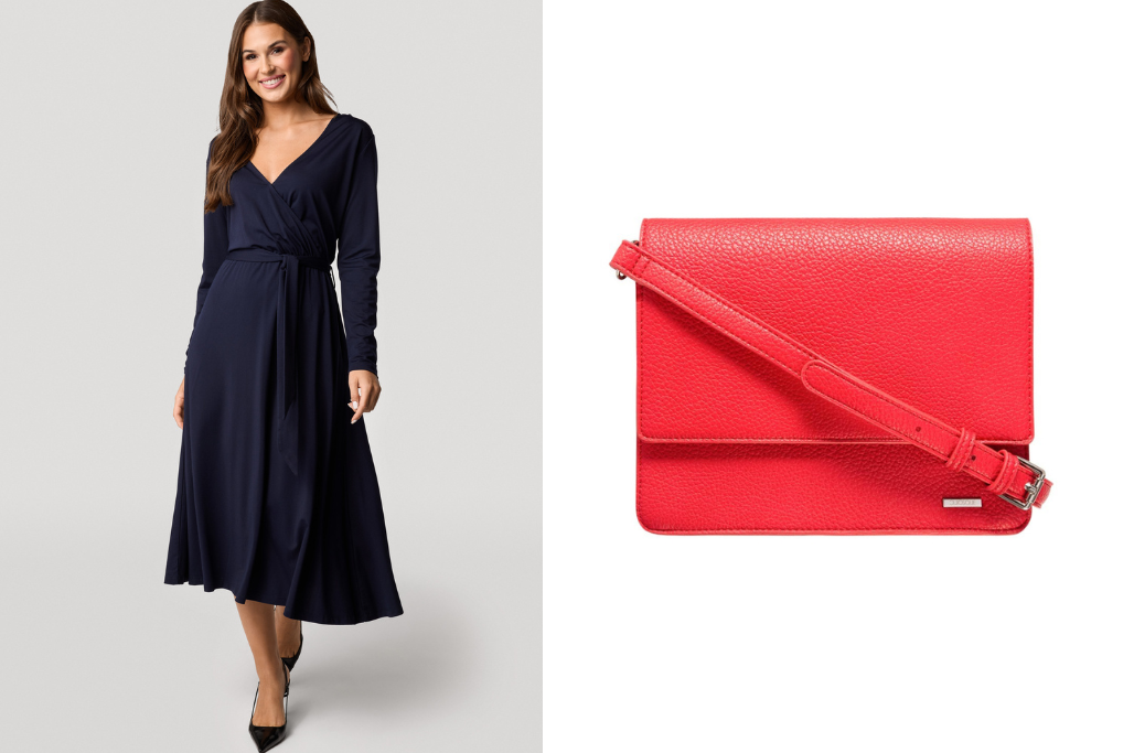 Granatowa sukienka i czerwona torebka