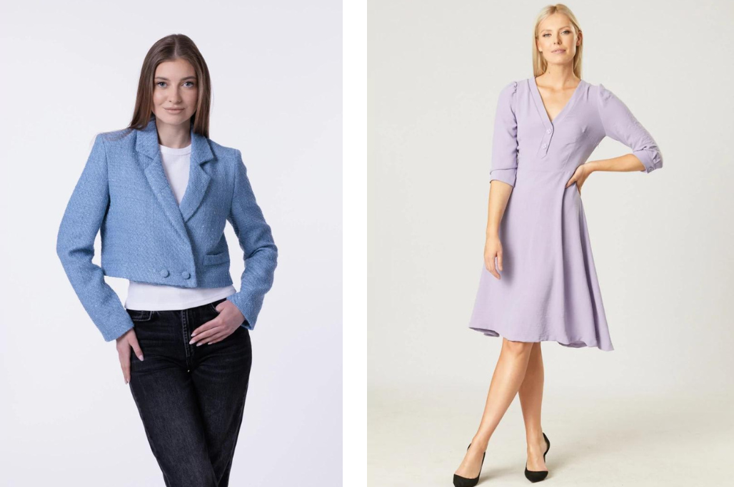 Liliowa rozkloszowana sukienka z Marynarka Harriet Blue LAURELLA marynarką Harriet Blue LAURELLA