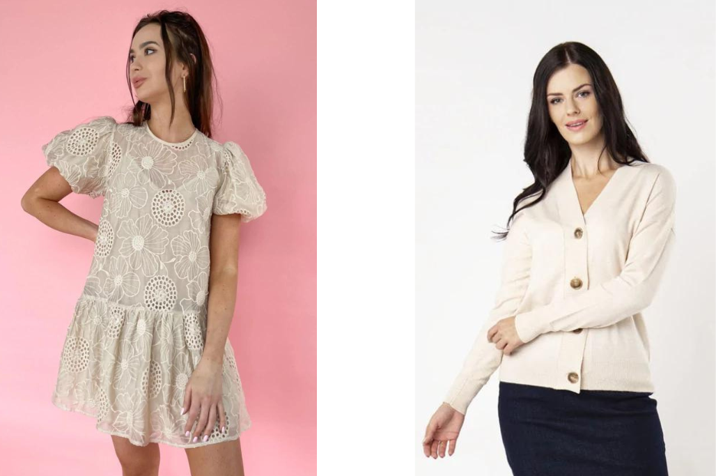 Sukienka Chloe Beige LAURELLA oraz krótki kardigan zapinany na guziki
