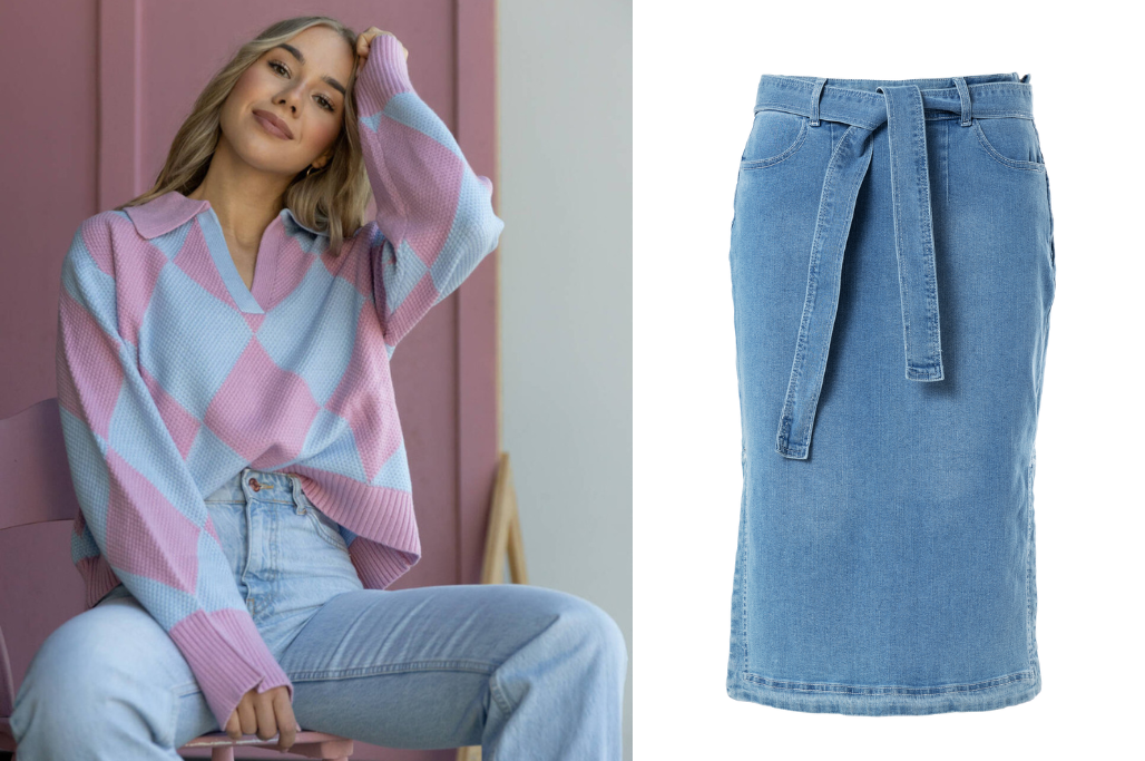  Sweter Maddie Pastel Blue Sweter Maddie Pastel Blue Sweter Maddie Pastel Blue oraz spódnica jeansowa