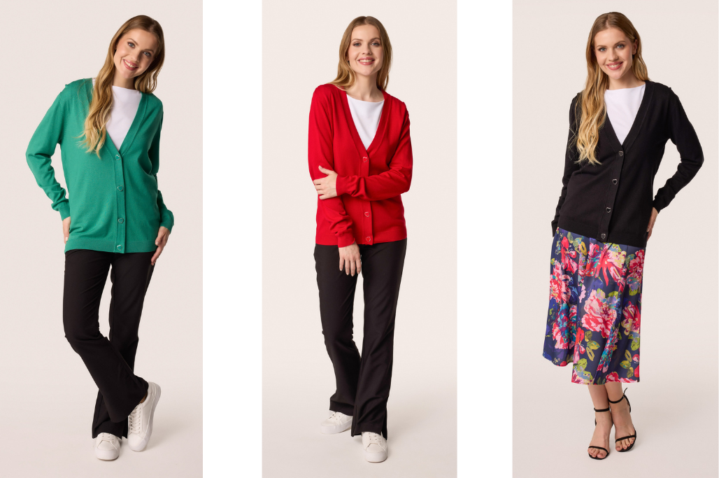Rozpinany sweter w kolorze zielonym, rozpinany sweter w kolorze czarnym oraz rozpinany sweter w kolorze czerwonym