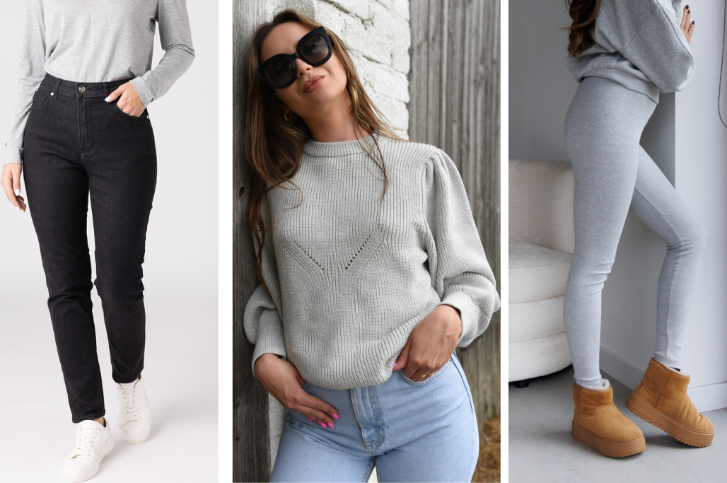  Czarne spodnie jeansowe Czarne spodnie jeansowe, Sweter Tracie Light Sweter Tracie Light Grey LAURELLA Sweter Tracie Light oraz Legginsy Clare Light Melange