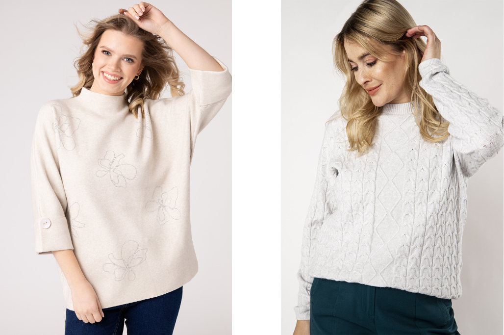 Beżowy sweter z kwiatowym wzorem oraz sweter z wiązaniem 